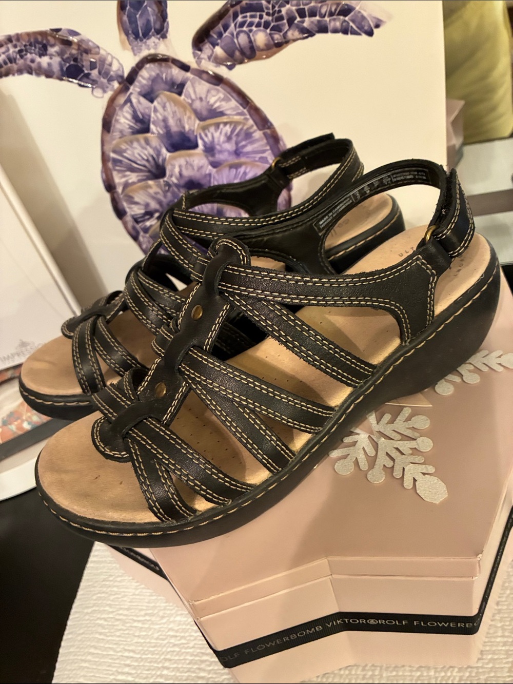 Clarks Black Strappy Wedge Sandals with Contrast Stitching